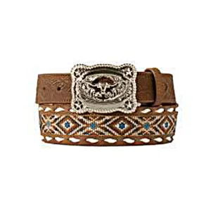 3D Kids Brown Belt with Aztec Embroidered Inlay and Long Horn Buckle