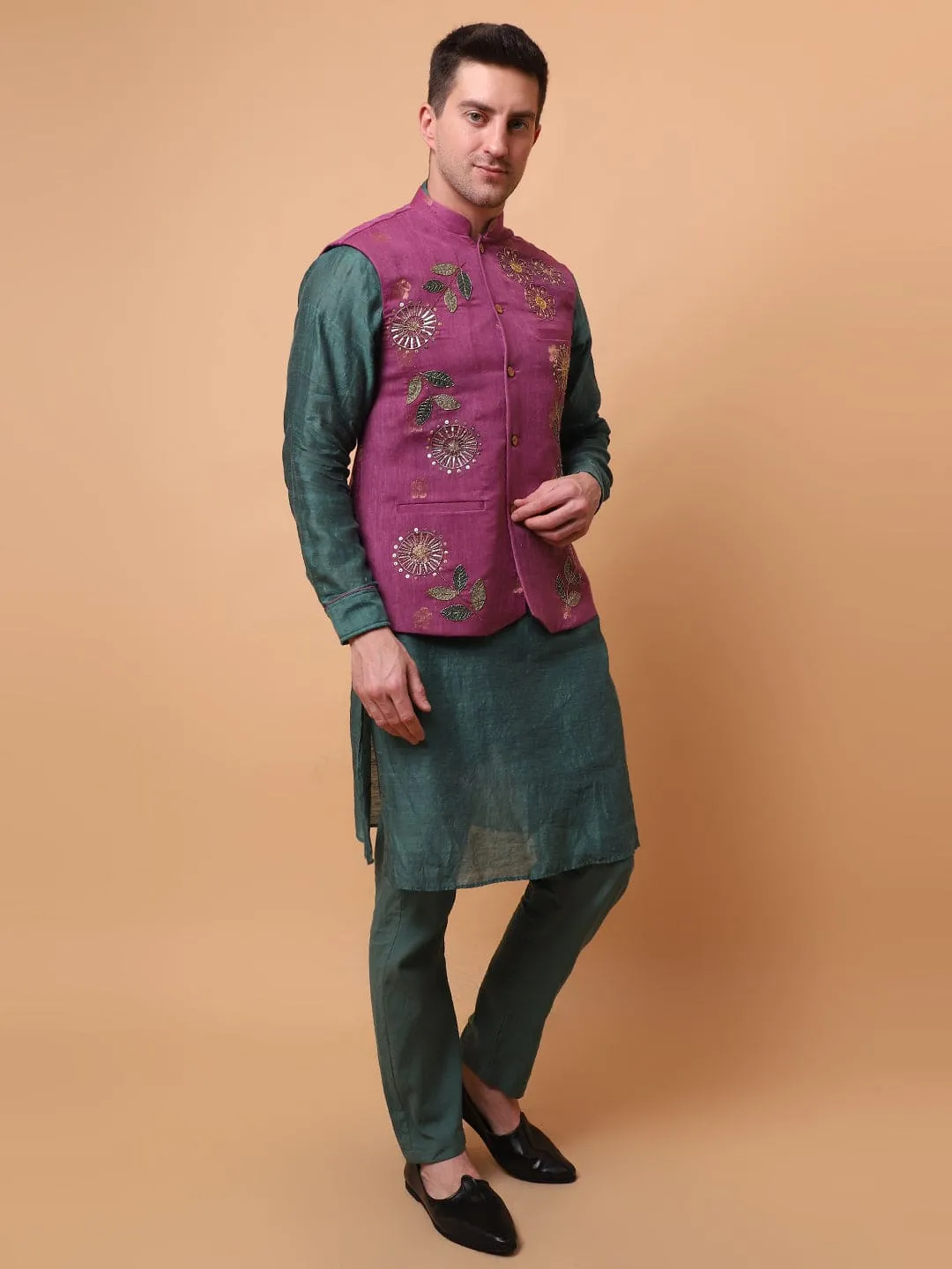 Aari Zardozi & Patch Work Men Kurta Set - Green