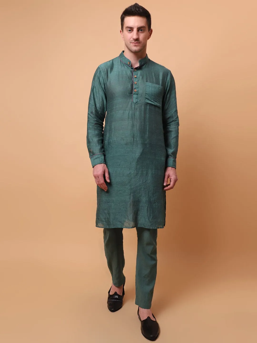Aari Zardozi & Patch Work Men Kurta Set - Green