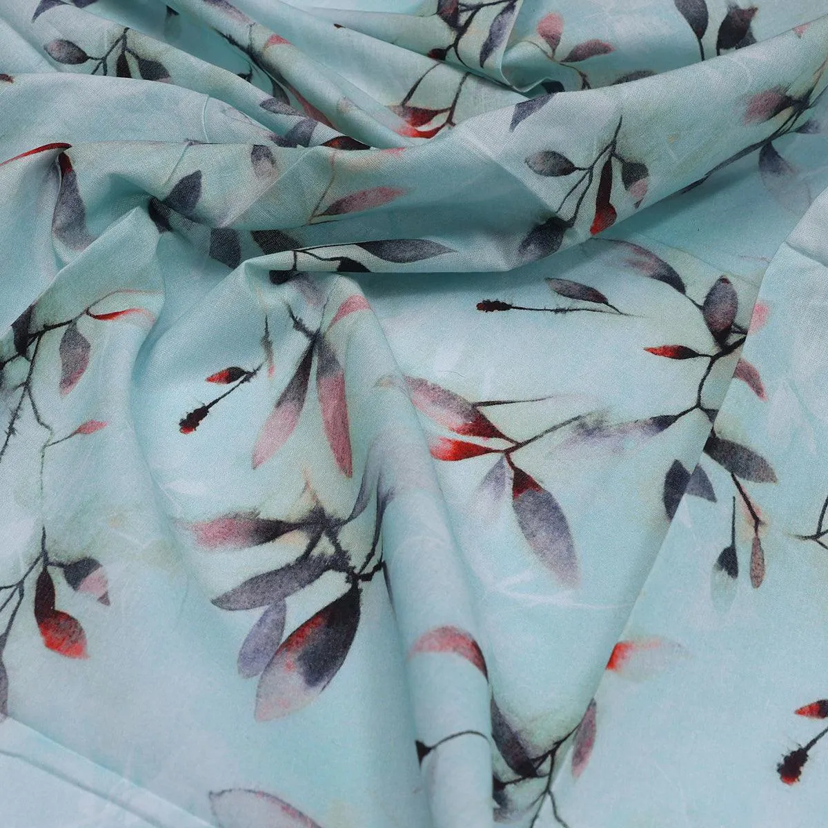 Attractive Sky Blue Leaves Digital Printed Fabric - Pure Cotton