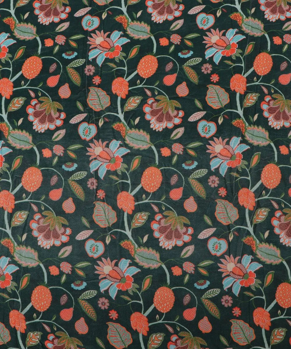 Bottle Green Colour Floral Digital Print Velvet Fabric