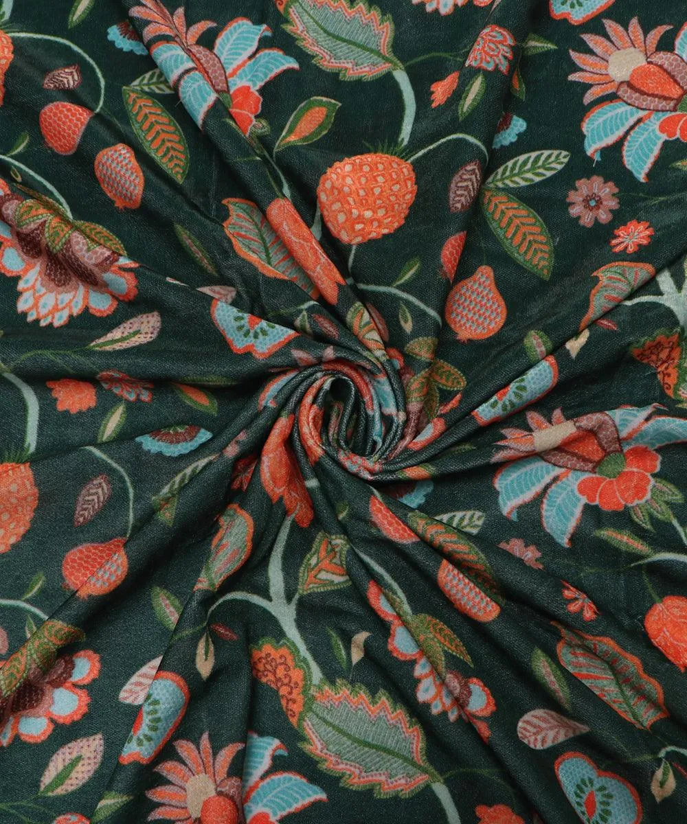 Bottle Green Colour Floral Digital Print Velvet Fabric