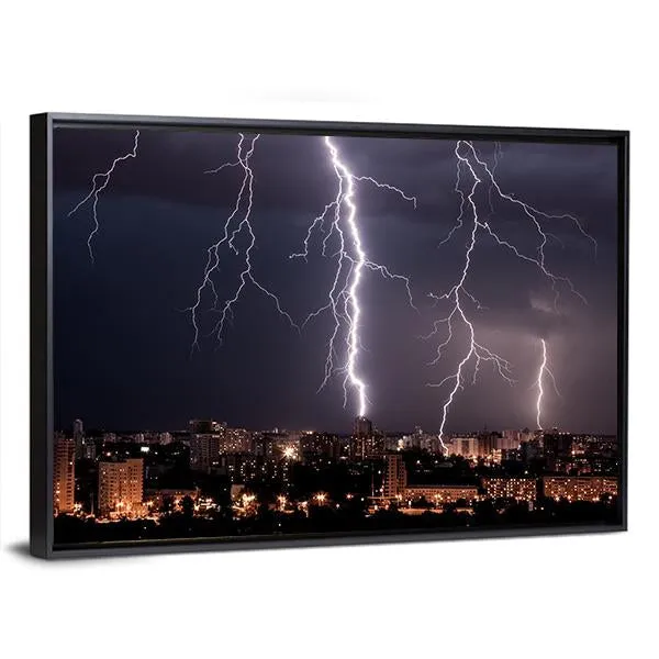 Lightning Storm Over City Canvas Wall Art