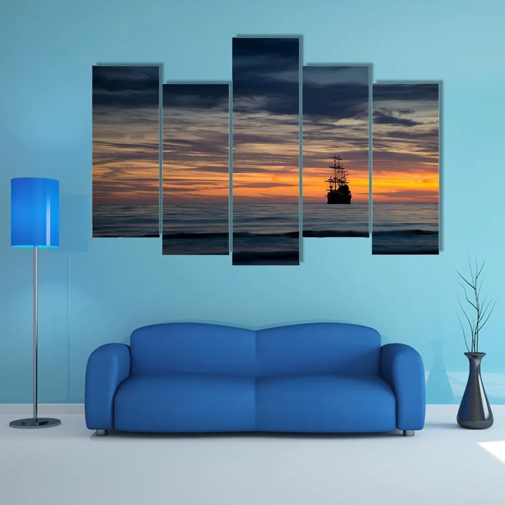 Pirate Ship At Sunset Canvas Wall Art