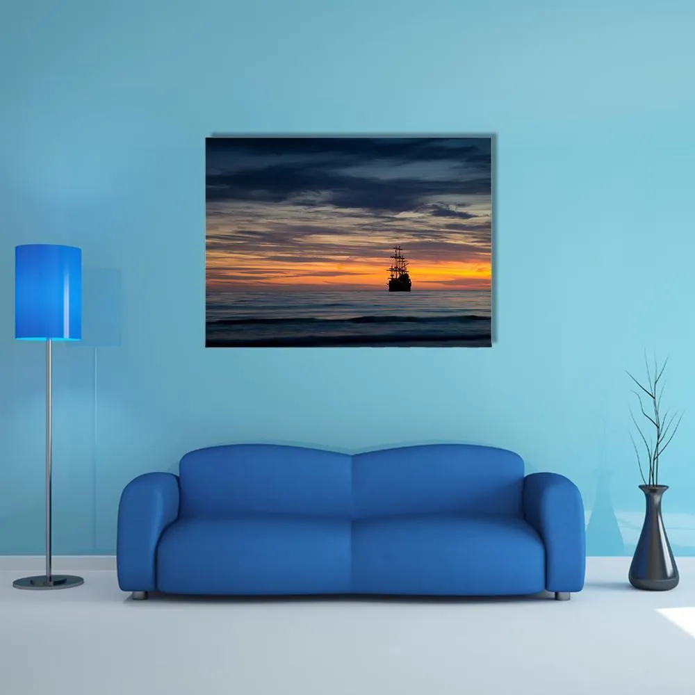 Pirate Ship At Sunset Canvas Wall Art