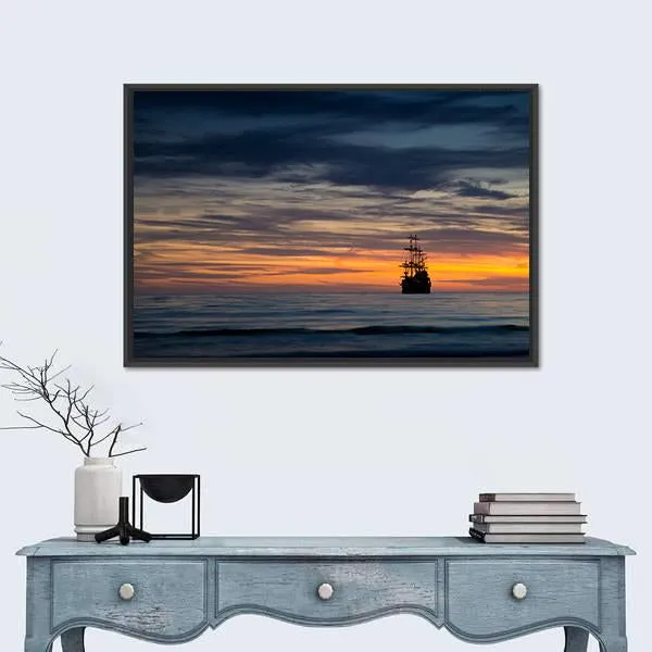 Pirate Ship At Sunset Canvas Wall Art