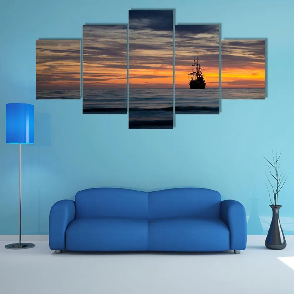 Pirate Ship At Sunset Canvas Wall Art