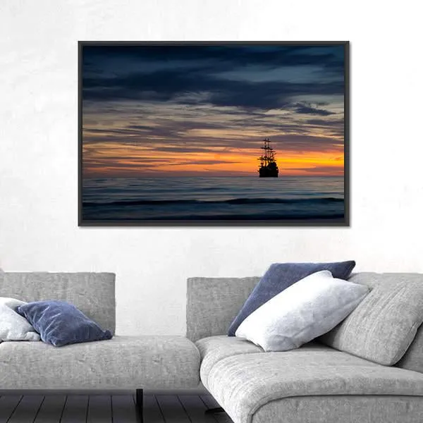 Pirate Ship At Sunset Canvas Wall Art