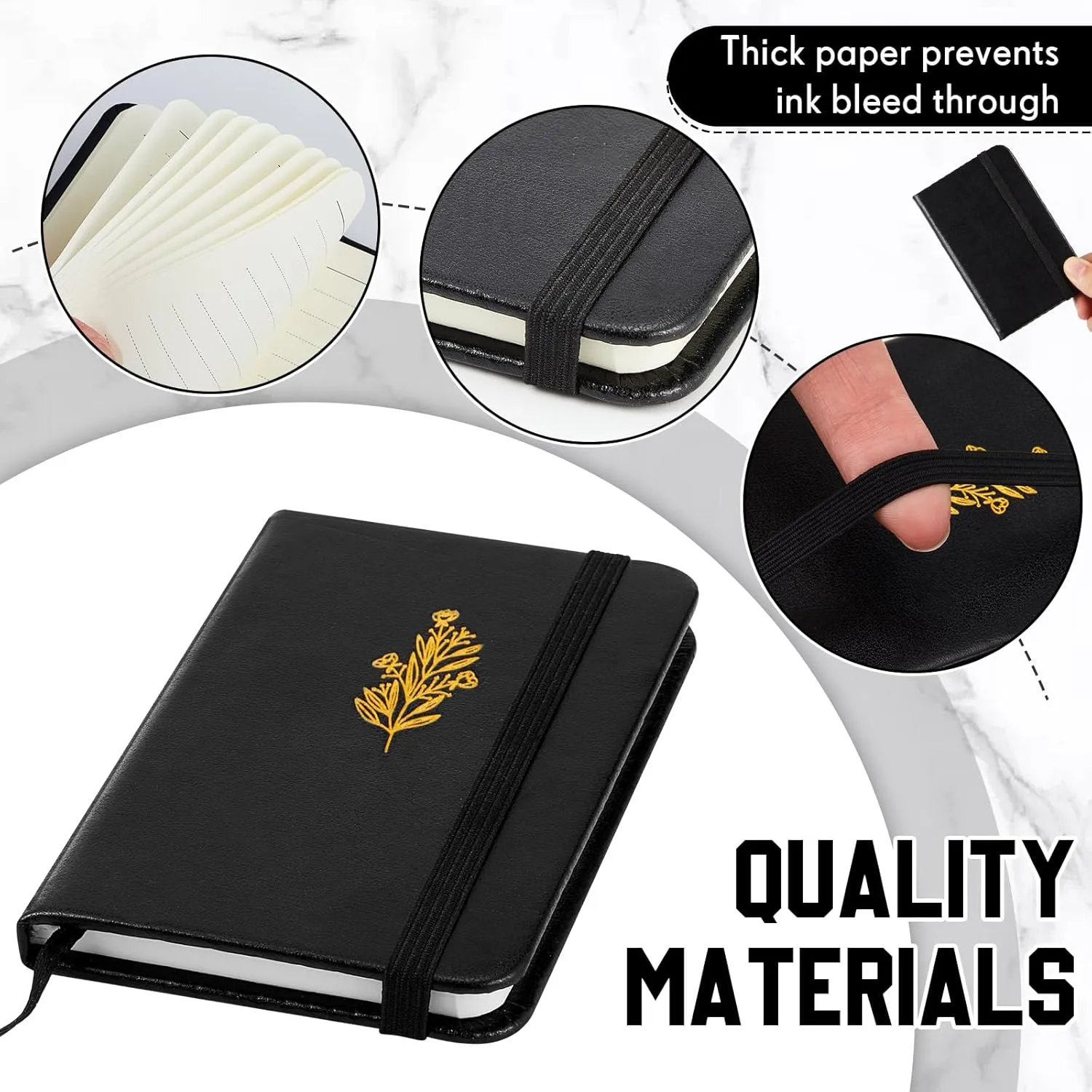 Qeeenar 4 Pcs Mini Leather Pocket Notebook 4 x 2.5 Inch Small Hardcover Notebook 50 Sheets Hardcover Mini Notepad Tiny Lined Journal for Office Home School Writing Supplies (Flower Branches Style)