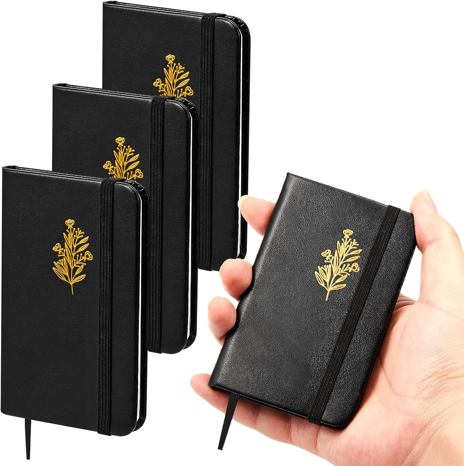 Qeeenar 4 Pcs Mini Leather Pocket Notebook 4 x 2.5 Inch Small Hardcover Notebook 50 Sheets Hardcover Mini Notepad Tiny Lined Journal for Office Home School Writing Supplies (Flower Branches Style)