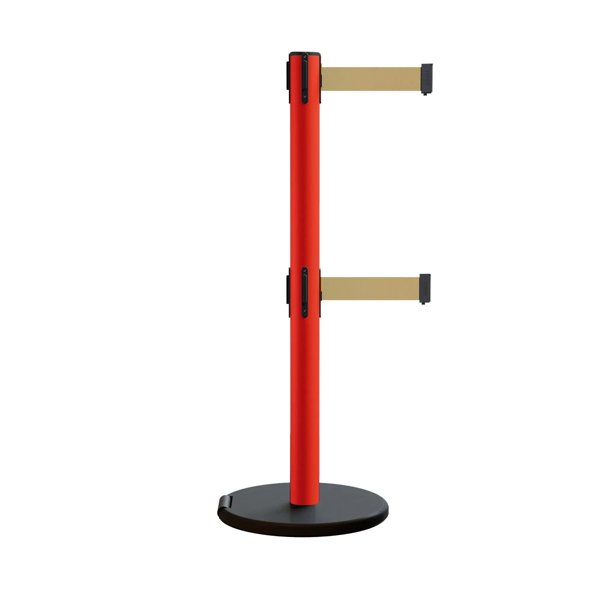 Retractable Belt Barrier Stanchion, Rolling Base, Red Steel Post, 11 ft Dual Belt - Montour Line MSE630D