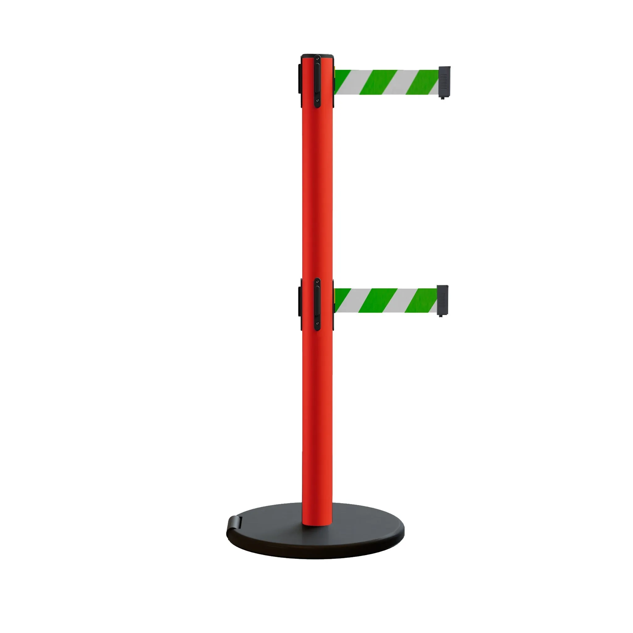 Retractable Belt Barrier Stanchion, Rolling Base, Red Steel Post, 11 ft Dual Belt - Montour Line MSE630D