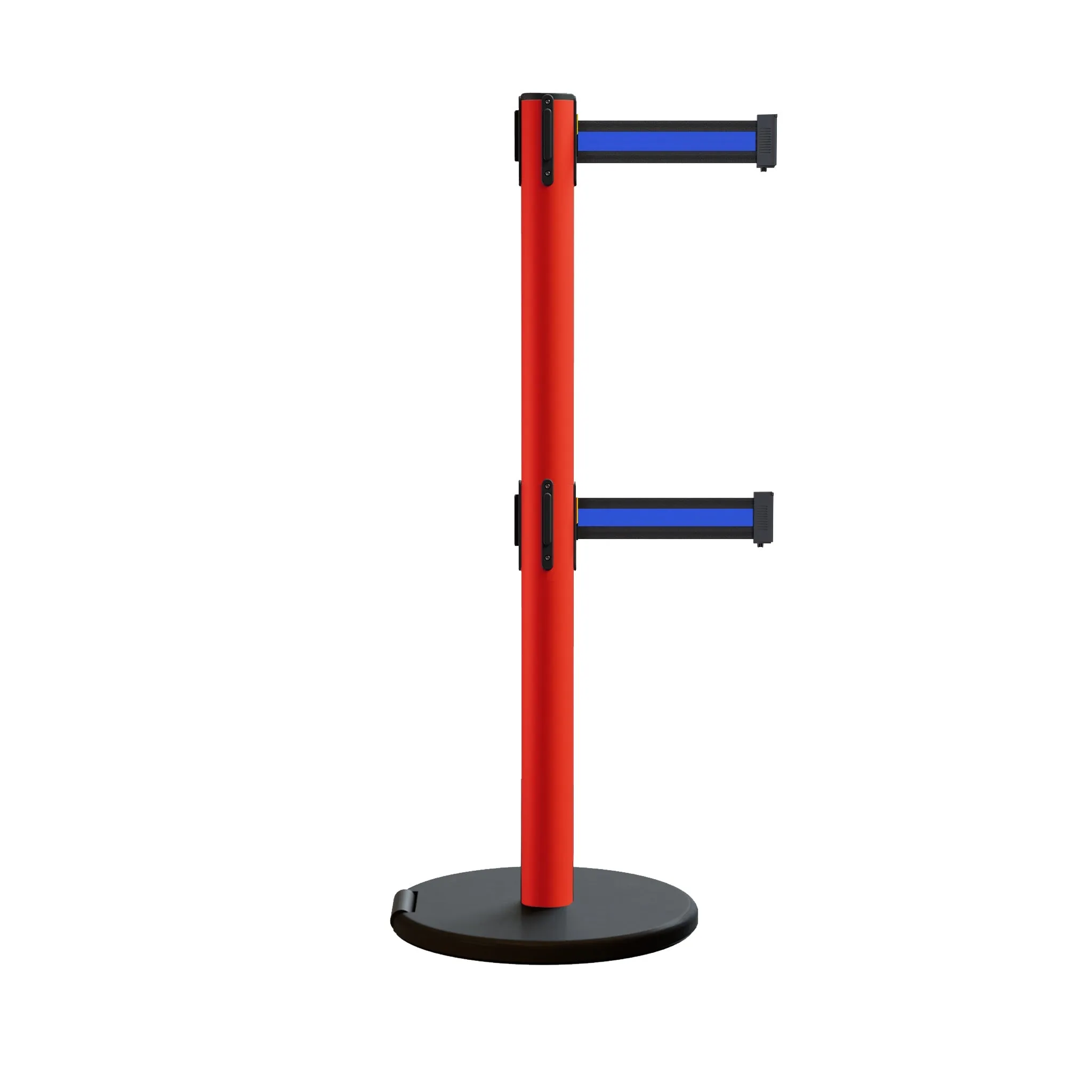 Retractable Belt Barrier Stanchion, Rolling Base, Red Steel Post, 11 ft Dual Belt - Montour Line MSE630D