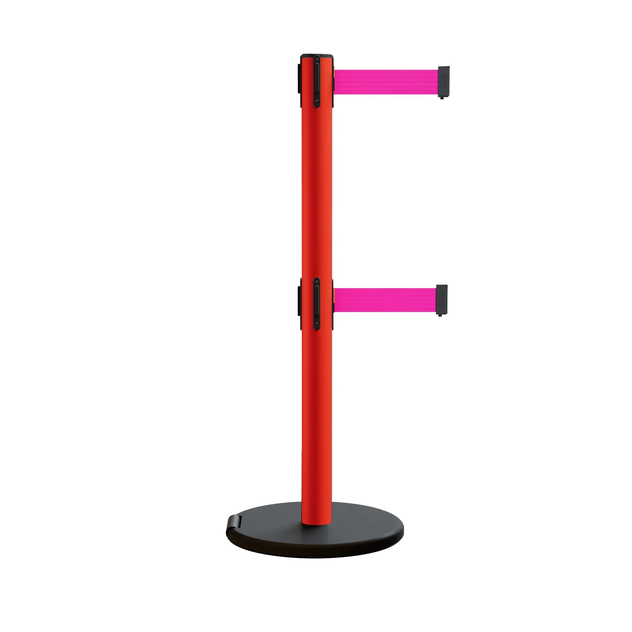 Retractable Belt Barrier Stanchion, Rolling Base, Red Steel Post, 11 ft Dual Belt - Montour Line MSE630D