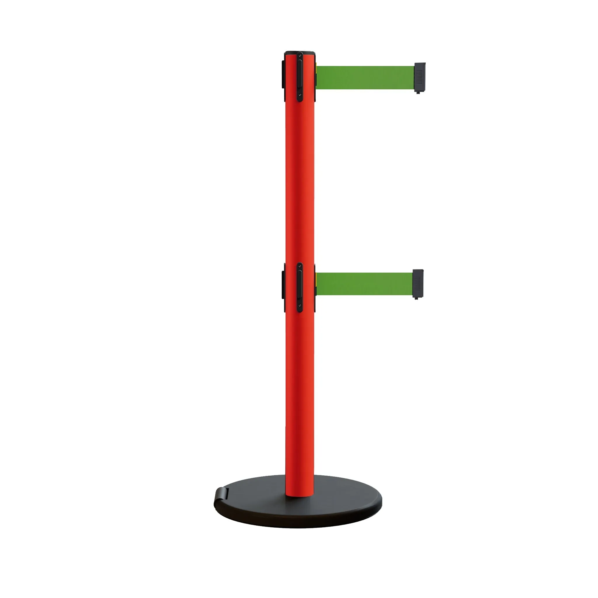 Retractable Belt Barrier Stanchion, Rolling Base, Red Steel Post, 11 ft Dual Belt - Montour Line MSE630D