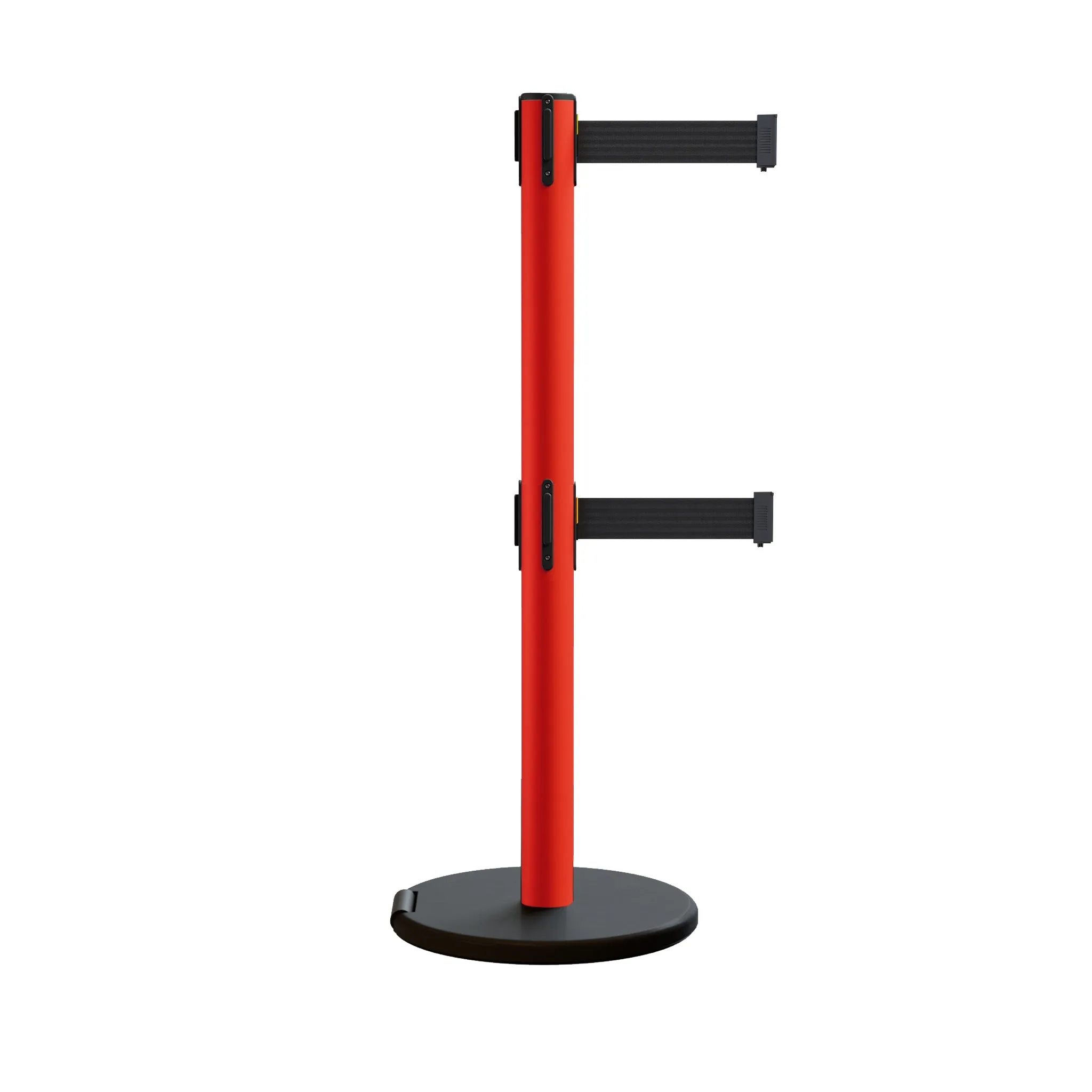Retractable Belt Barrier Stanchion, Rolling Base, Red Steel Post, 11 ft Dual Belt - Montour Line MSE630D