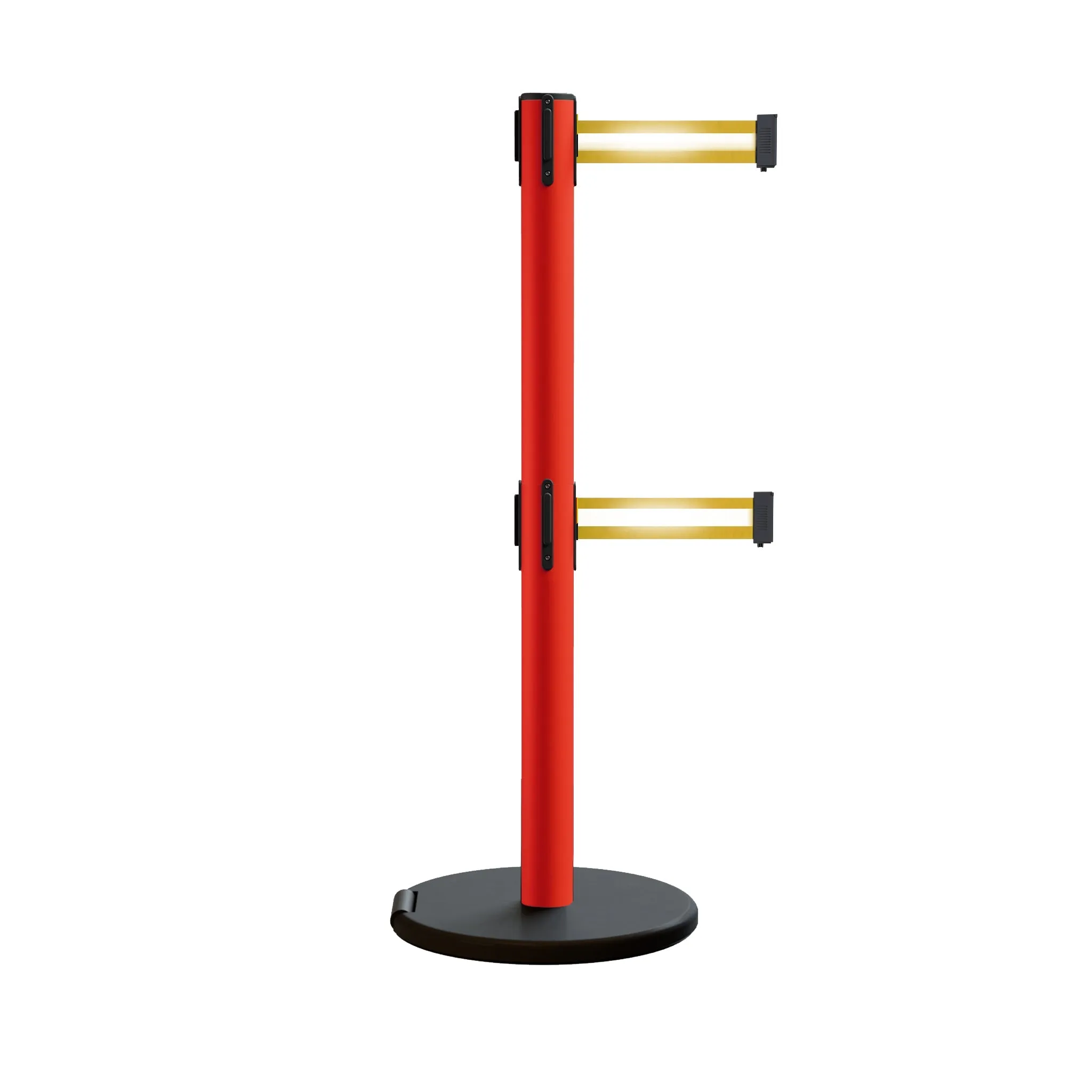 Retractable Belt Barrier Stanchion, Rolling Base, Red Steel Post, 11 ft Dual Belt - Montour Line MSE630D