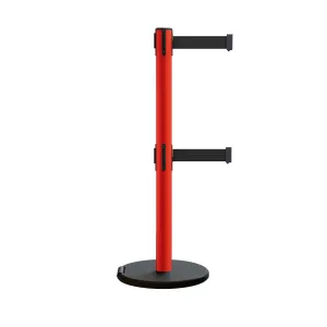 Retractable Belt Barrier Stanchion, Rolling Base, Red Steel Post, 11 ft Dual Belt - Montour Line MSE630D