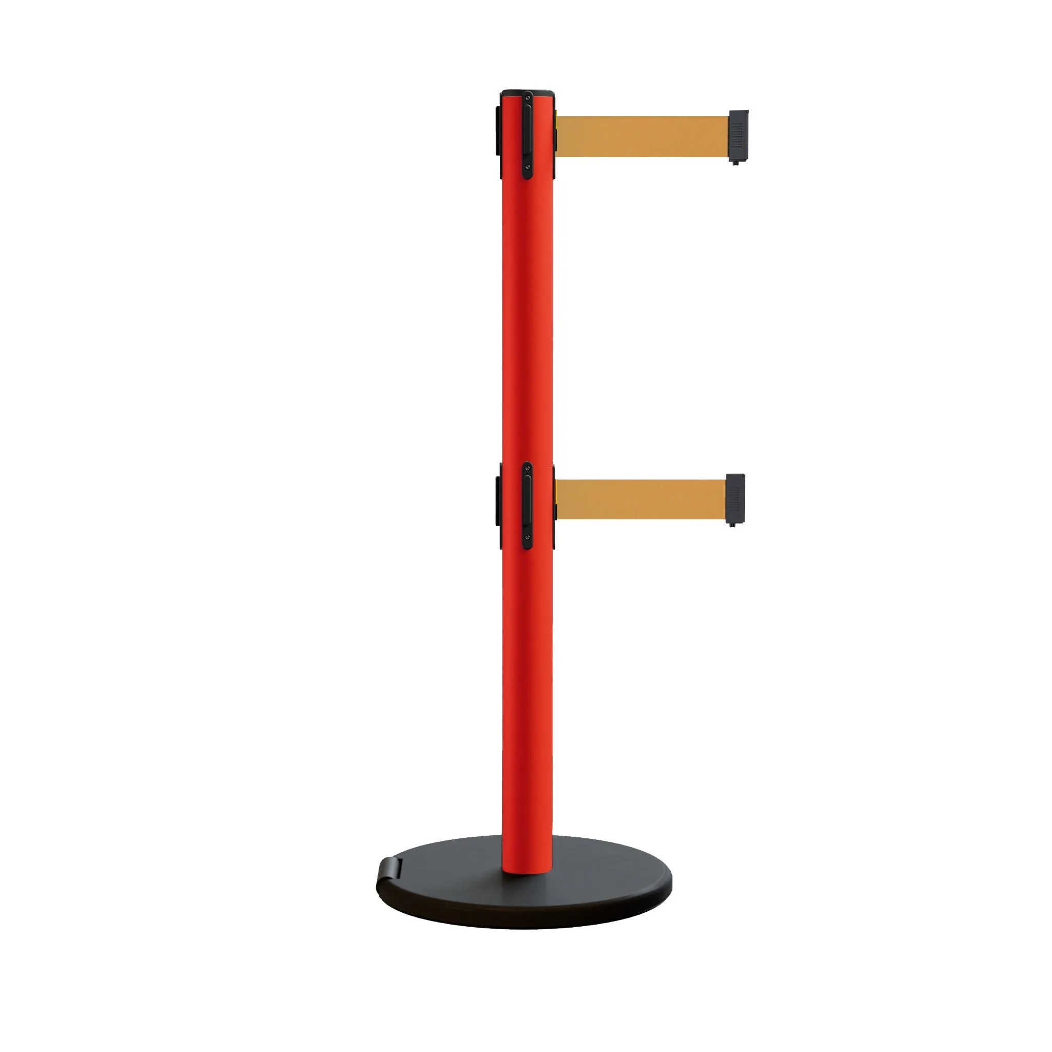 Retractable Belt Barrier Stanchion, Rolling Base, Red Steel Post, 11 ft Dual Belt - Montour Line MSE630D