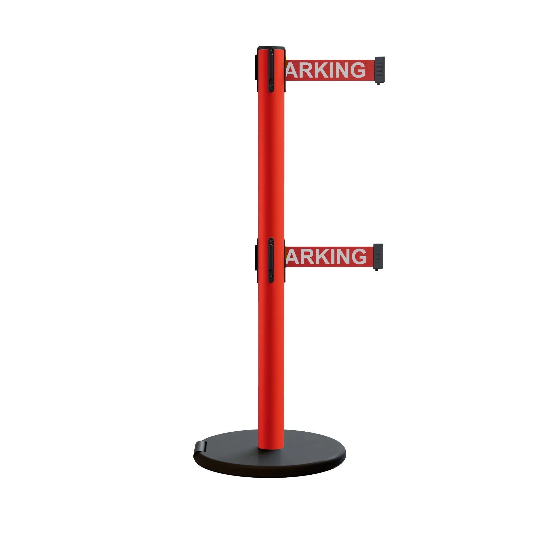 Retractable Belt Barrier Stanchion, Rolling Base, Red Steel Post, 11 ft Dual Belt - Montour Line MSE630D