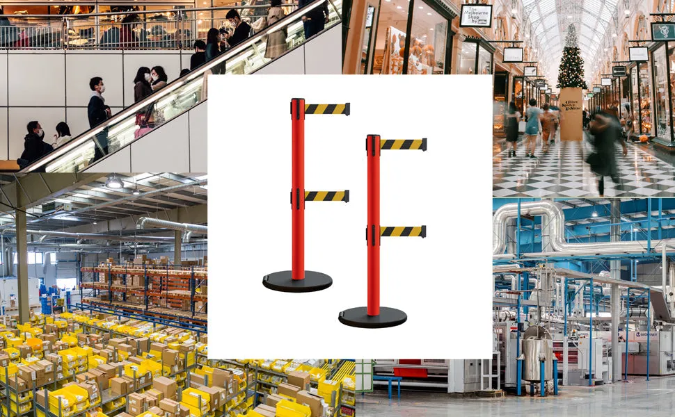 Retractable Belt Barrier Stanchion, Rolling Base, Red Steel Post, 11 ft Dual Belt - Montour Line MSE630D