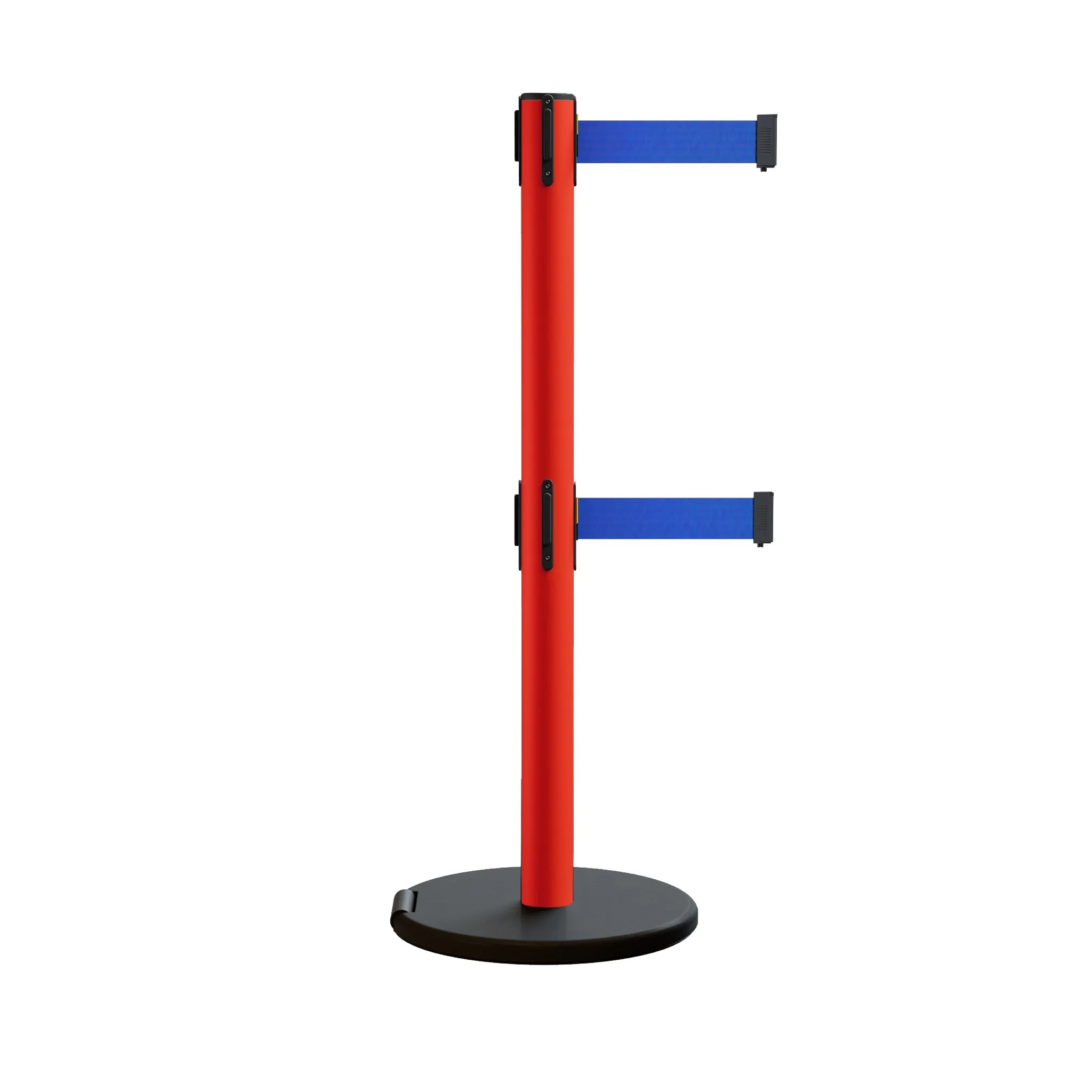 Retractable Belt Barrier Stanchion, Rolling Base, Red Steel Post, 11 ft Dual Belt - Montour Line MSE630D