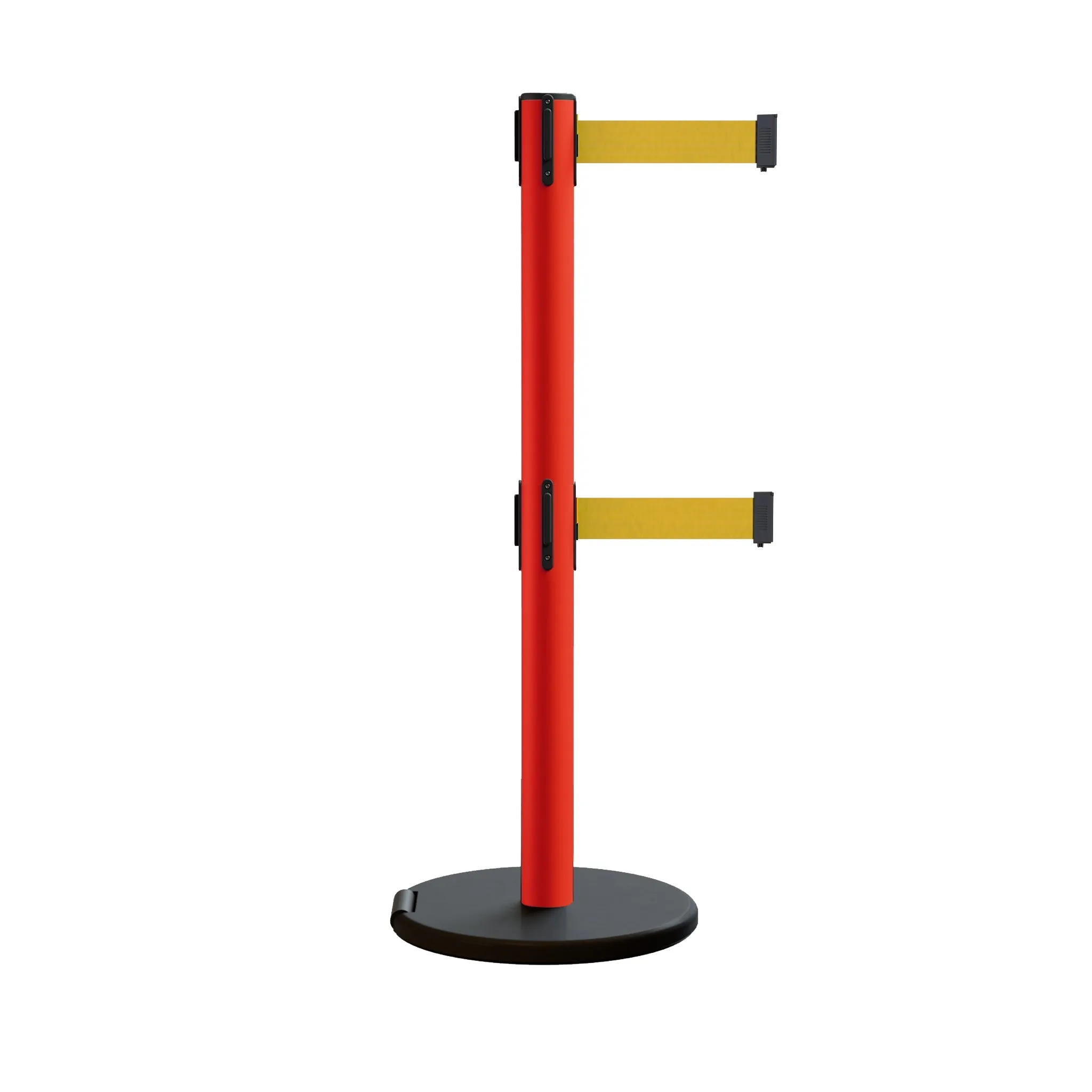 Retractable Belt Barrier Stanchion, Rolling Base, Red Steel Post, 11 ft Dual Belt - Montour Line MSE630D