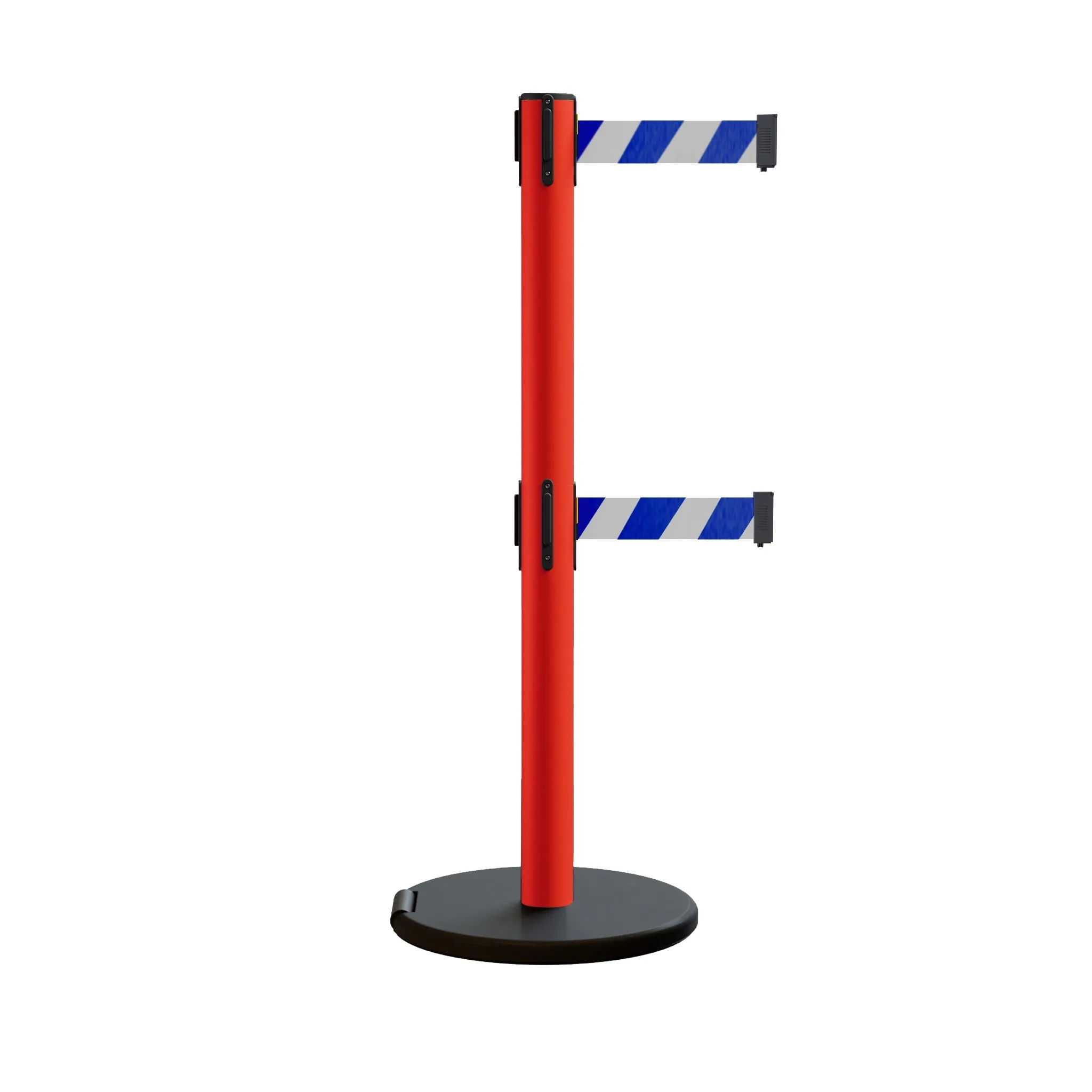 Retractable Belt Barrier Stanchion, Rolling Base, Red Steel Post, 11 ft Dual Belt - Montour Line MSE630D