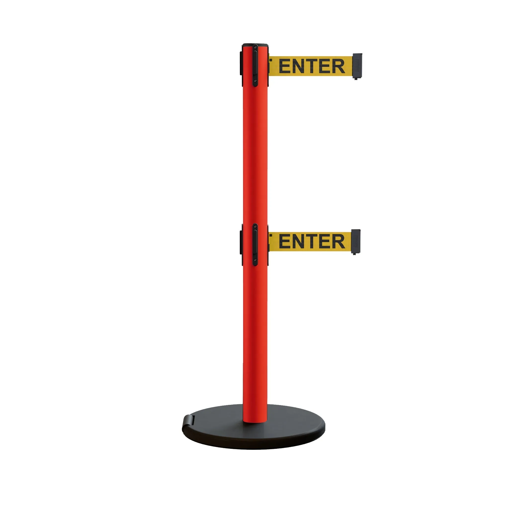 Retractable Belt Barrier Stanchion, Rolling Base, Red Steel Post, 11 ft Dual Belt - Montour Line MSE630D