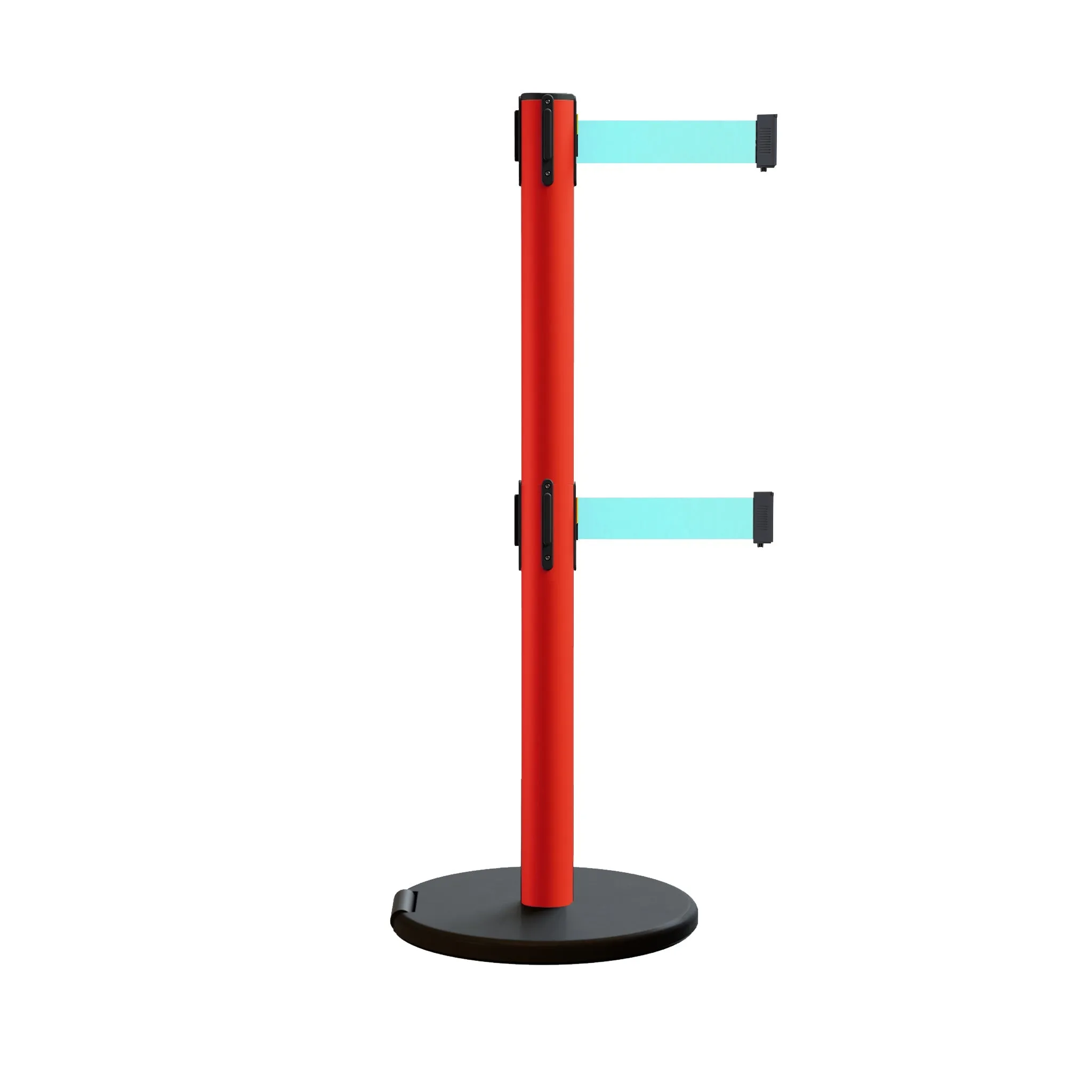 Retractable Belt Barrier Stanchion, Rolling Base, Red Steel Post, 11 ft Dual Belt - Montour Line MSE630D