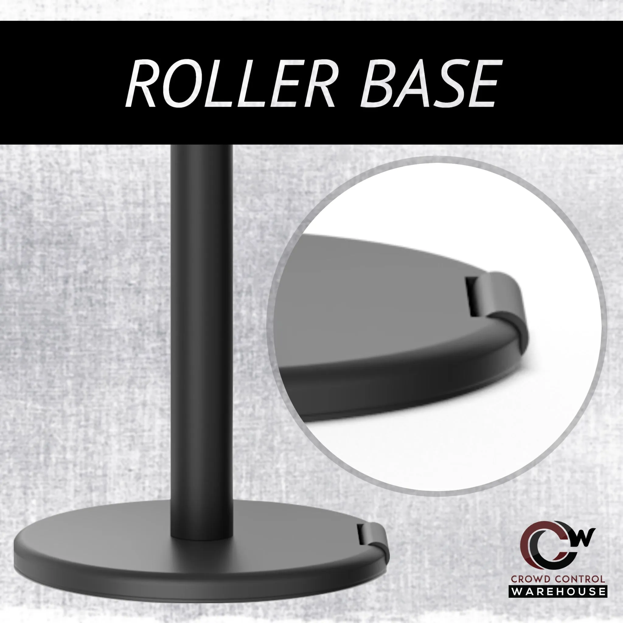 Retractable Belt Barrier Stanchion, Rolling Base, Red Steel Post, 11 ft Dual Belt - Montour Line MSE630D
