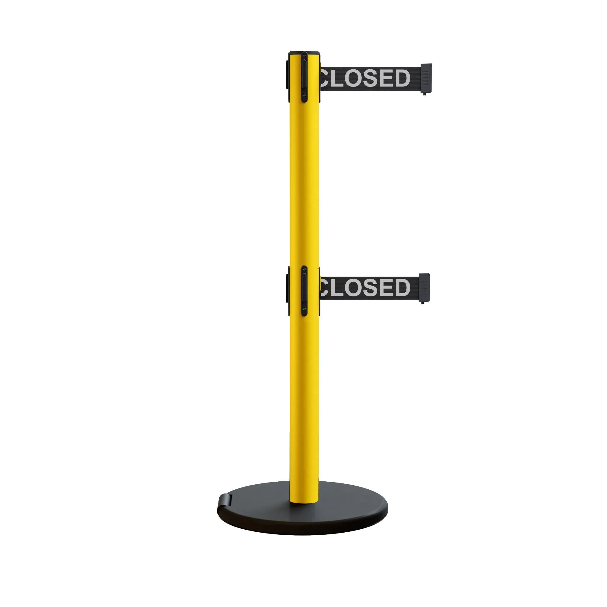 Retractable Belt Barrier Stanchion, Rolling Base, Yellow Steel Post, 13 ft Dual Belt - Montour Line MSE630D