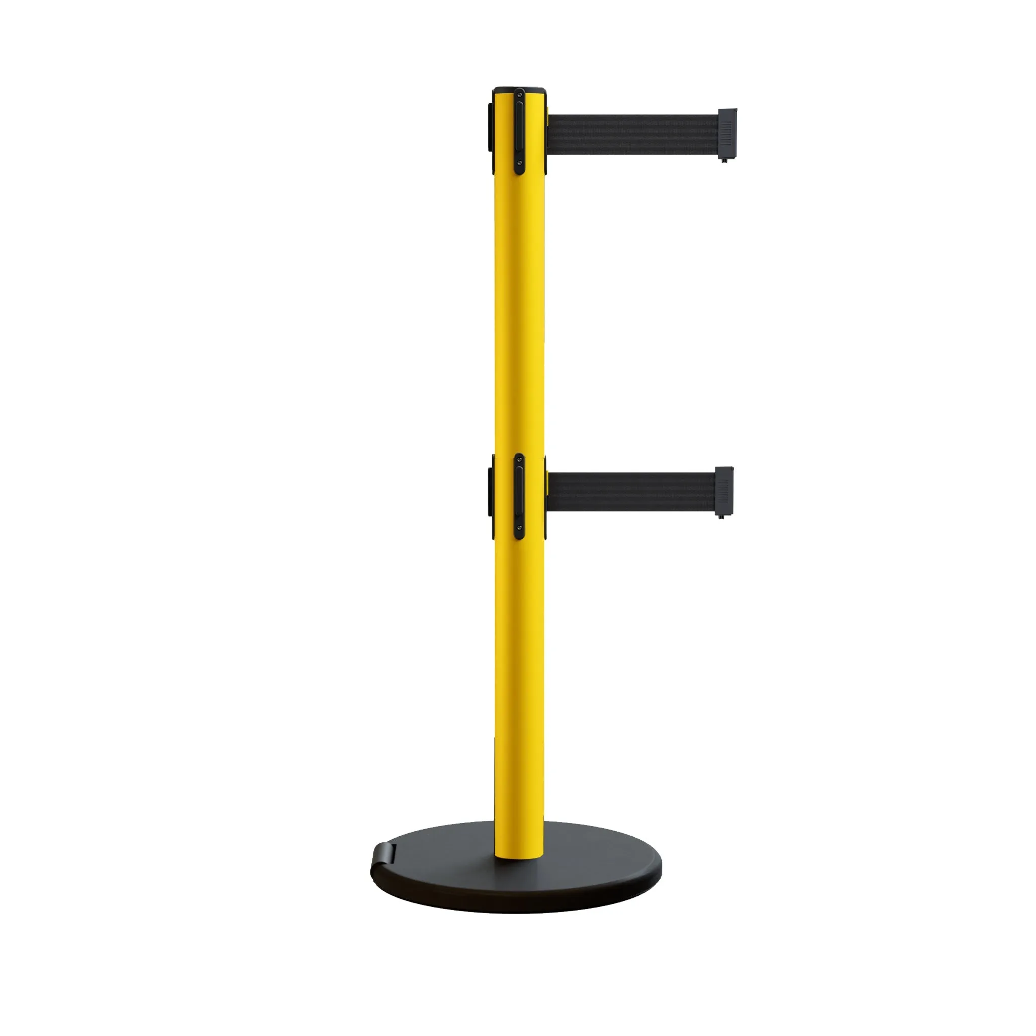 Retractable Belt Barrier Stanchion, Rolling Base, Yellow Steel Post, 13 ft Dual Belt - Montour Line MSE630D